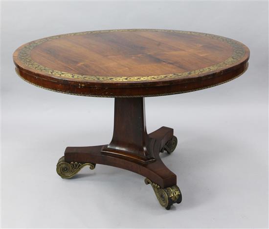A Regency brass inset rosewood breakfast table, Diam.4ft H.2ft 5in.